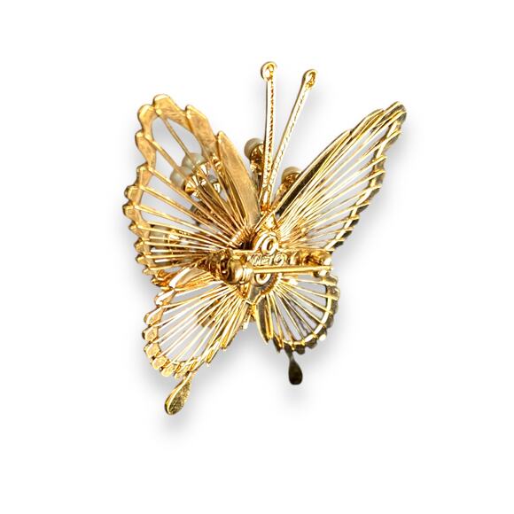 Vintage Monet Butterfly Brooch Pin Mid Size Gold Plated Faux Pearls Art Deco 3D - Picture 7 of 11